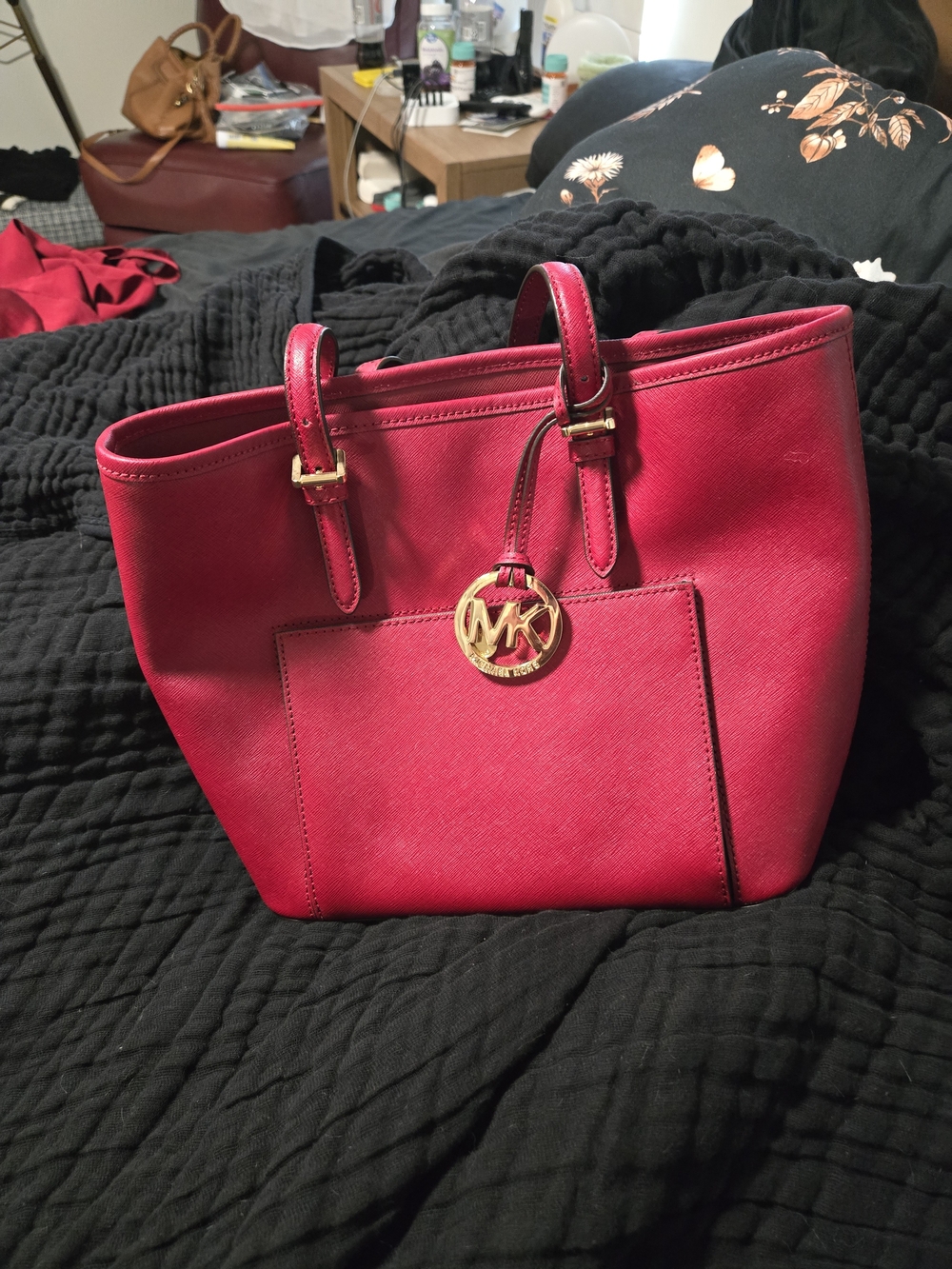 Michael Kors Red Saffiano Leather Tote with Gold MK Charm